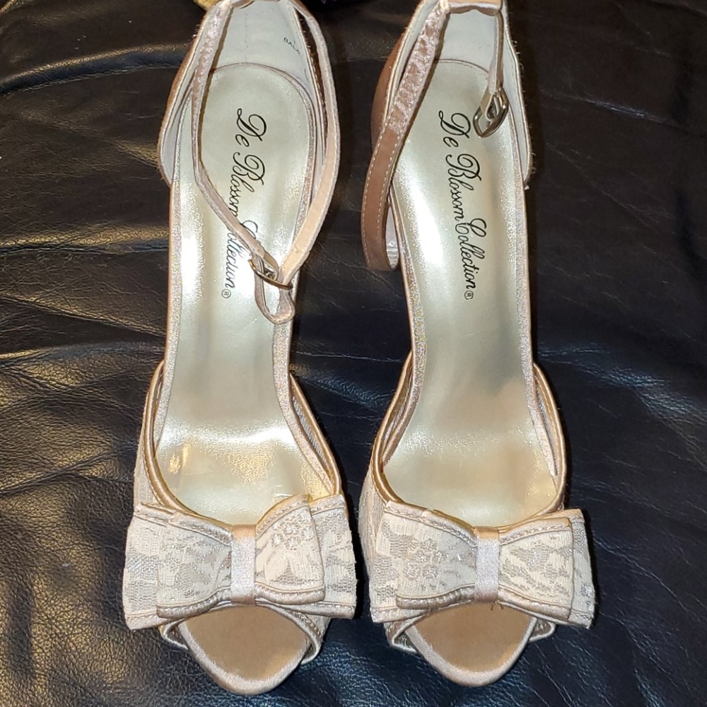 Nude Satin & Lace Peep-Toe Platform Heels